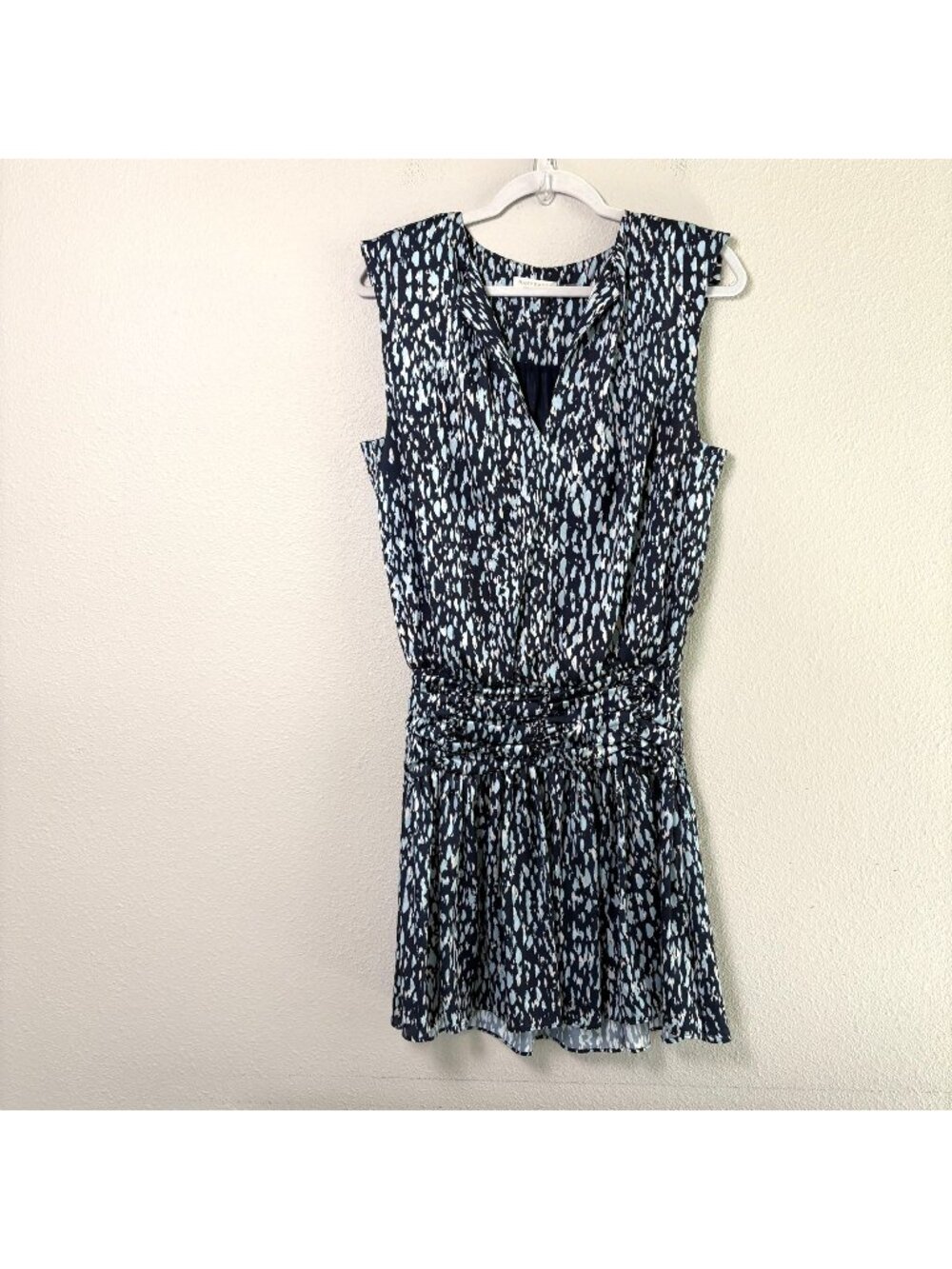 Ramy Brook Dolce Mini Dress Size M Blue Abstract Print V Neck Smocked Waist